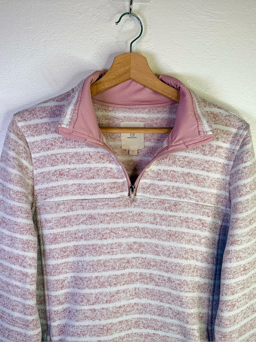 Thread & Supply Pink White Striped Marled Knit Quarter Zip Pullover Sweater Sz L - Picture 2 of 16